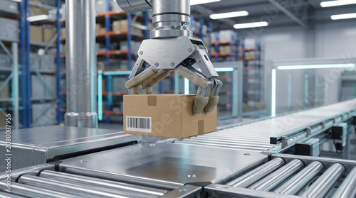 Industrial robot arm handling cardboard box on conveyor system in warehouse
