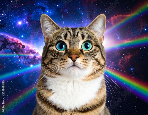 カラフルな星雲が広がる宇宙空間の背景に浮かぶオッドアイの猫の頭部デジタルイラスト