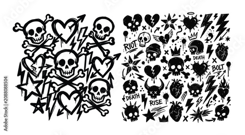 Skull Doodles And Bolt Pattern Black Ink Vector Illustration skulls