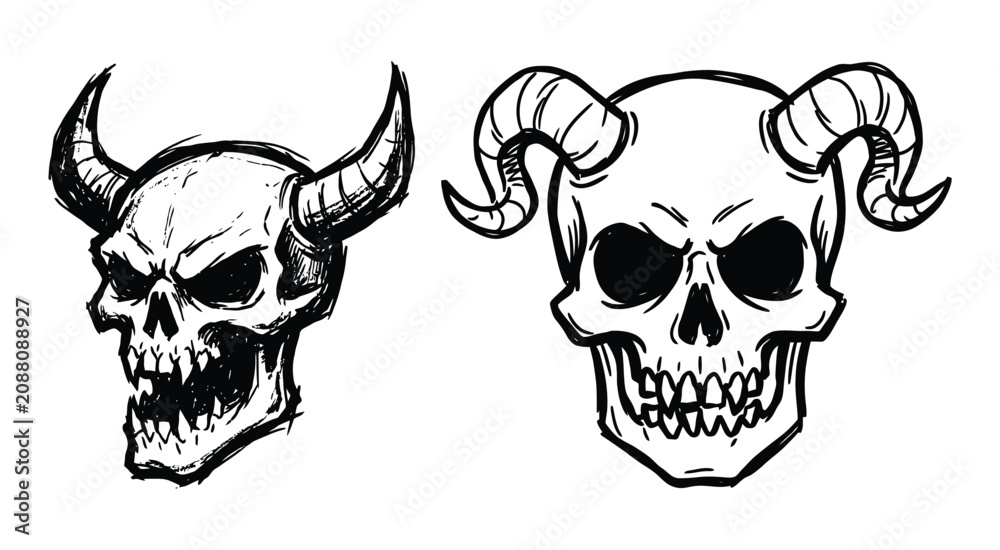 Fototapeta premium Two Skull Doodles Black Line Art With Horns On White Background