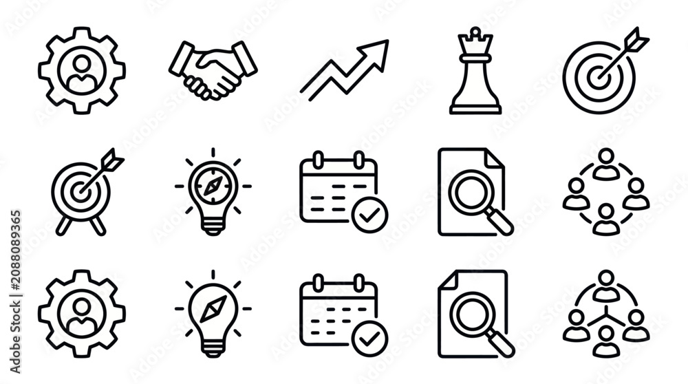Fototapeta premium Business strategy and growth performance line icons.