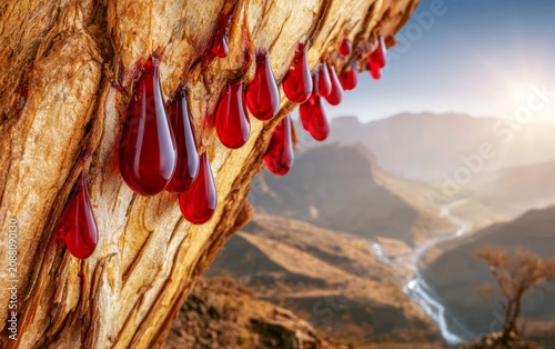 Captivating View of Rare Dragon Blood Tree with Vibrant Red Resin Droplets in Natural Landscape