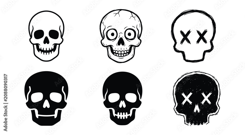 Fototapeta premium Skull Doodles Collection Black And White Vector Illustrations On White Background