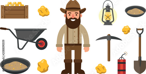 Canvastavla Gold Miner Cartoon Character and Mining Equipment Icon Set with Prospector Gold