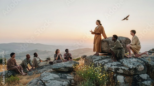 Man in ancient robes speaking to a diverse group of people on a mountain at sunset.