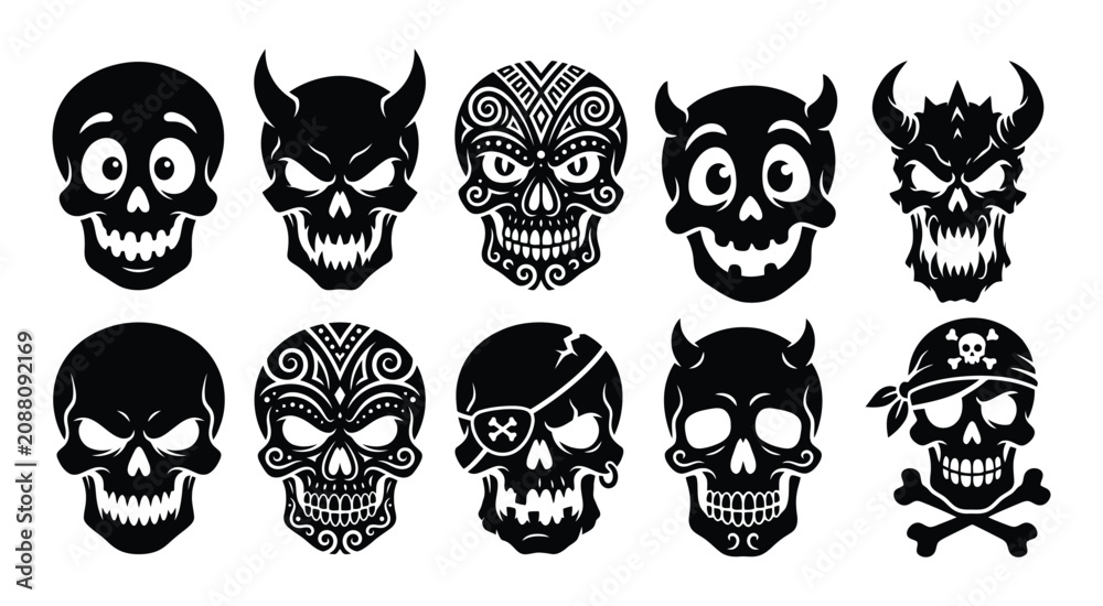 Fototapeta premium Set of ten different black and white skull icons and character illustrations