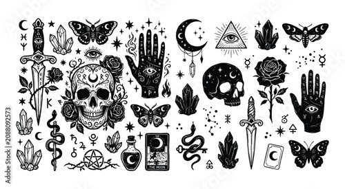 Set of mystical occult symbols with skulls flowers moths and magic crystals