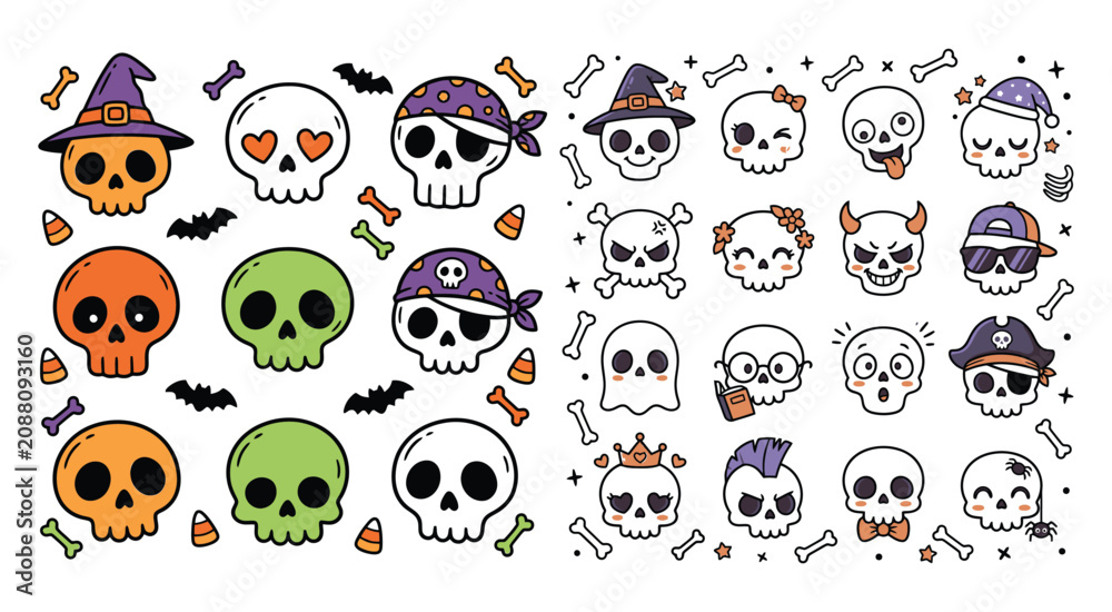 Obraz premium Set of cute cartoon skull stickers for Halloween celebration