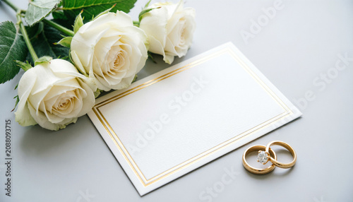 invitation card with a subtle double gold border and  white roses