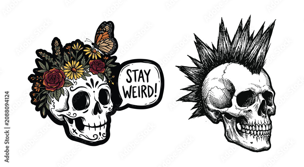 Fototapeta premium Sugar skull with flowers and a punk rock skull with a mohawk hair drawing