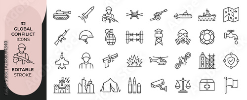 Quadro su tela Global Conflict Outline Icon Set Editable Stroke Line Vector