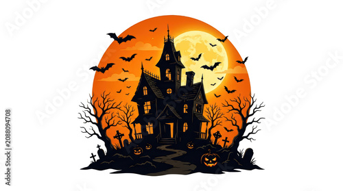 halloween haunted house with bats flying around at night with full moon transparent background