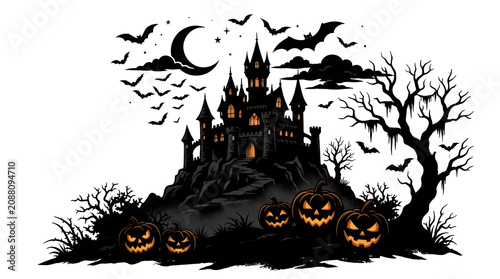 Halloween haunted castle on hill with jack o lanterns and spooky trees under moonlight  spooky halloween scene transparent background