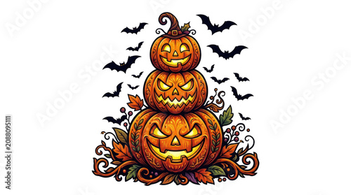 Three stacked carved jack o lanterns with bats and fall leaves on white background transparent background