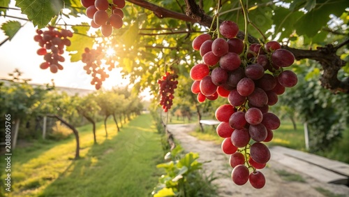 Ripe Red Grapes Growing Naturally on Vine in Green Garden