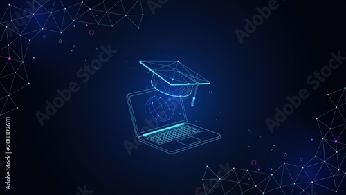 Digital abstract illustration featuring laptop and graduation cap with global connection network lines.