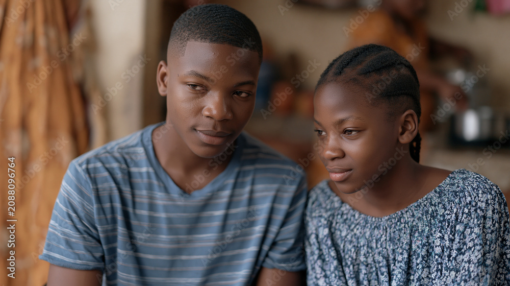 Fototapeta premium Nigerian sibling rivalry, teenage boy and preteen sister arguing over television remote in small living room, mother visible in background cooking, household tension, after-school