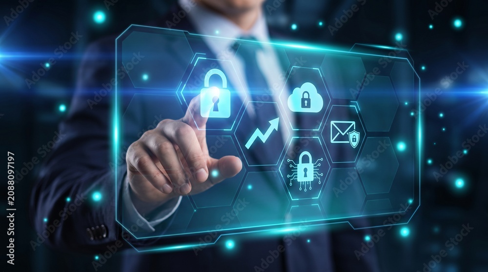 Fototapeta premium Professional businessman touching digital cyber security interface with padlock icons for data encryption and cloud computing safety in high tech office environment