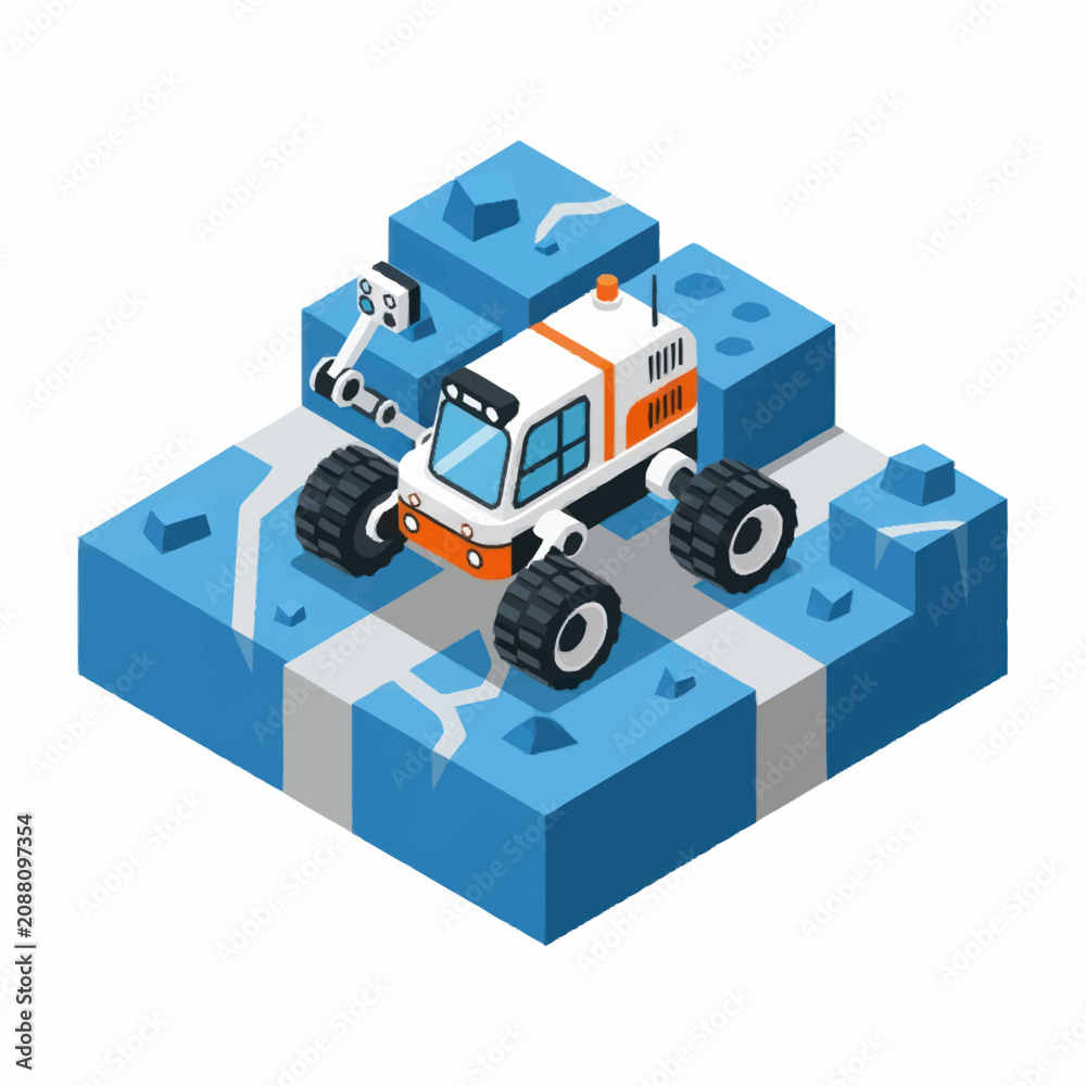 Obraz premium Isometric Lego Style Construction Vehicle on Blue Blocks.