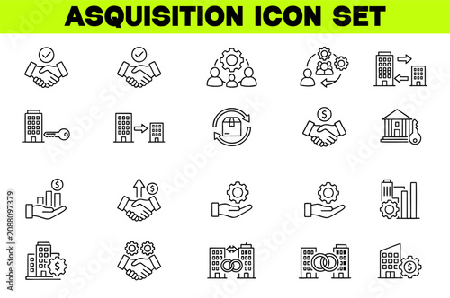 Acquisition Line Icon Set, Editable Stroke Vector Illustration with Merger, Purchase, Investment and Ownership Symbols