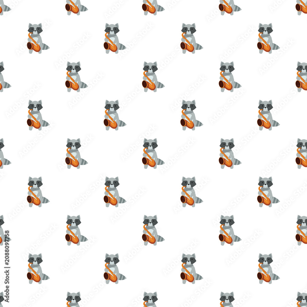 Fototapeta premium Raccoon cartoon character playing saxophone repeating in a seamless pattern