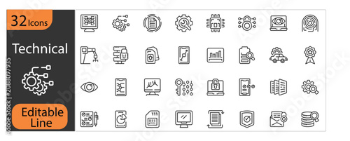 Slika na platnu Editable Technical Overview Outline Icons for IT, Data Analysis, Project Management, and Documentation