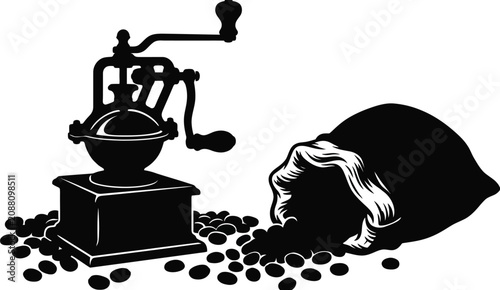 Fotografía Vintage Manual Coffee Grinder with Coffee Bean Sack Minimal Silhouette Vector Il
