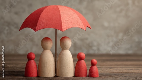 Umbrella sheltering wooden family figures with copy space, family protection concept, insurance coverage, financial security, life planning, risk management, home and future safety symbol