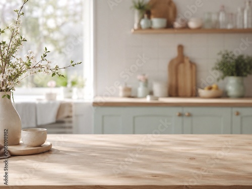 Bright Farmhouse Kitchen With Rustic Wooden Table Sunlit kitchen with a rustic wooden table, simple vase arrangement, soft neutral cabinets, and cozy farmhouse style for home decor