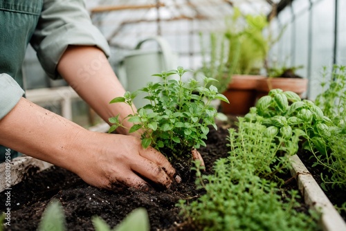 Hands Planting Seedlings in Greenhouse Garden Close-up of hands planting young green seedlings in rich soil inside a greenhouse, showing organic gardening and plant care