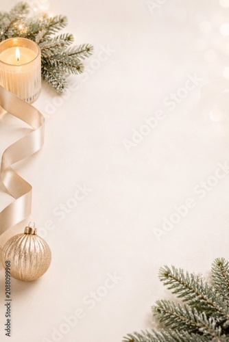 Elegant Christmas Candle Background With Gold Ribbon Lit candle, frosted evergreen branches, gold ribbon, and bauble frame a soft cream background for elegant Christmas holiday design