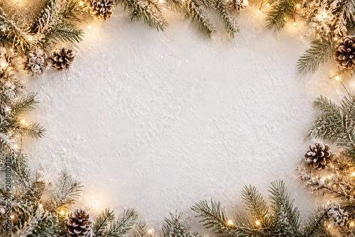 Snowy Christmas Frame With Fir Branches Elegant winter holiday background with snowy evergreen branches, warm lights, pinecones, and blank white copy space in the center