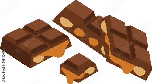 Illustration of assorted chocolate candy bars with caramel filling and nuts inside