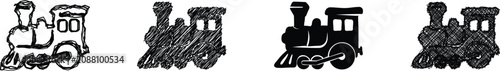 Foto A set of four distinct artistic interpretations of a steam locomotive, ranging f