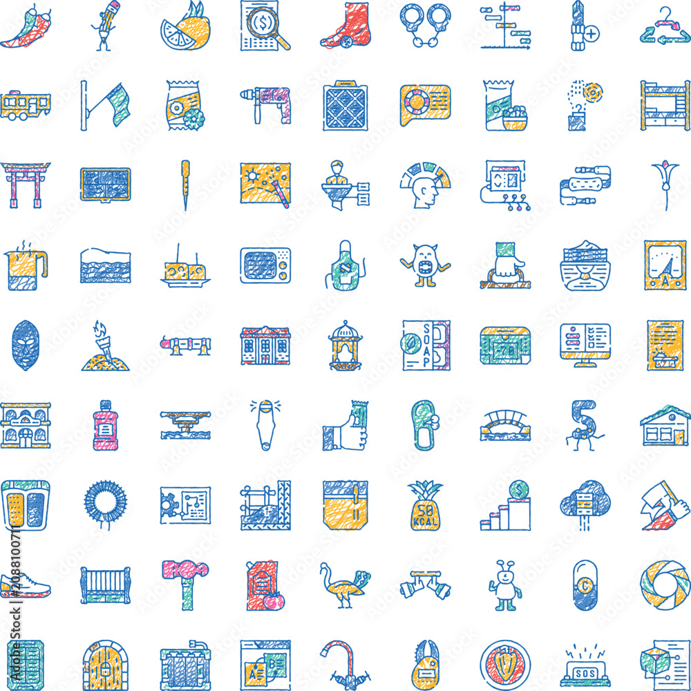 Naklejka premium Hand drawn scribble icon set featuring colorful, playful line art for uiux, web and app design diverse objects, symbols and concepts for creative projects and interfaces