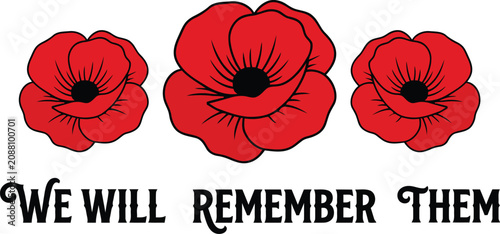 Foto We will remember them Remembrance Day banner design with three red poppy flowers
