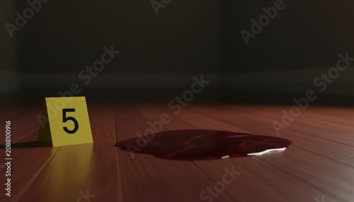 Crime Scene Evidence: A yellow marker with the number 5 sits beside a dark puddle on a wooden floor, suggesting a mysterious incident.