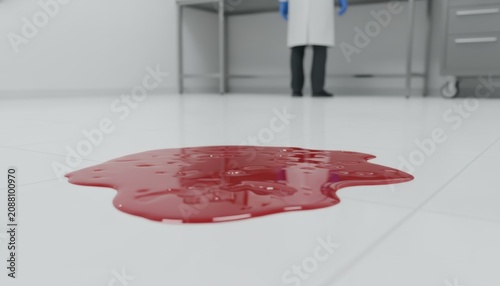 Spilled Liquid in a Laboratory: A red liquid puddle lies on the sterile white floor of a laboratory, with a figure in a lab coat standing in the background.