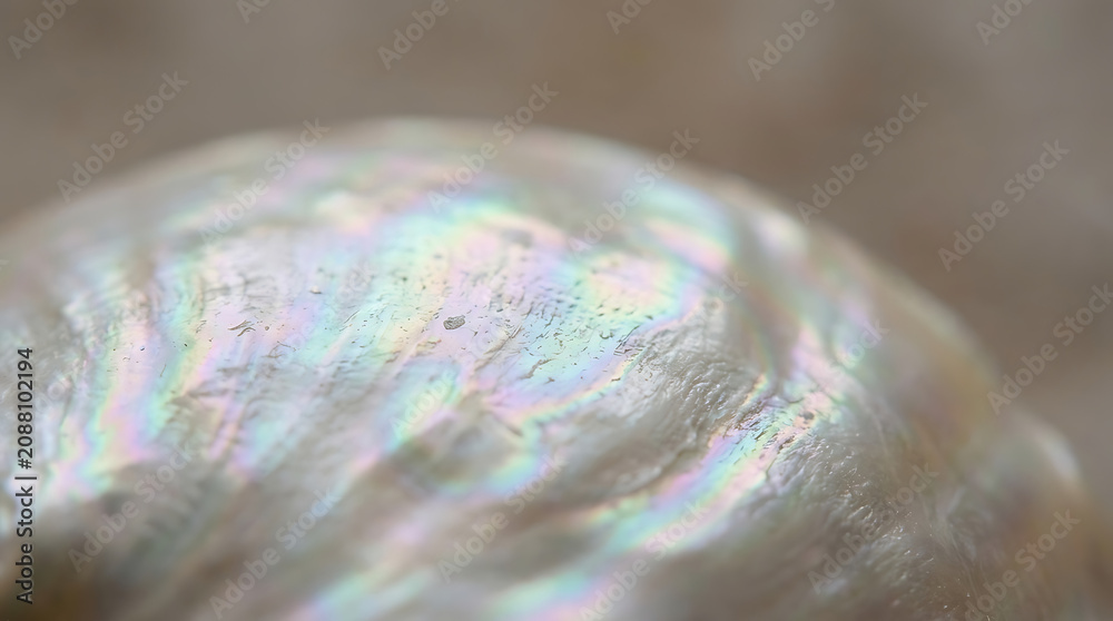 Naklejka premium Close-up macro photograph of iridescent mother of pearl texture with rainbow nacre reflections