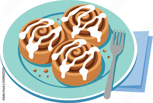 Illustration shows three sweet pastries on plate with fork and napkin nearby