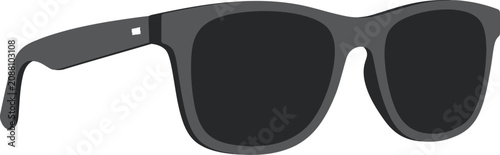 A close-up view of black sunglasses on a white background shows the frame