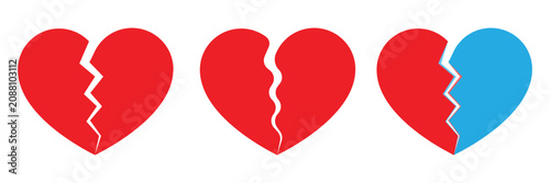 Foto Broken heart set vector illustration with cracked red symbols, emotional pain, divorce concepts, relationship breakup, sorrow icons, division elements isolated on white background