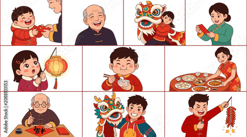 Chinese New Year Celebration Scenes - Family, Dragons, and Traditions