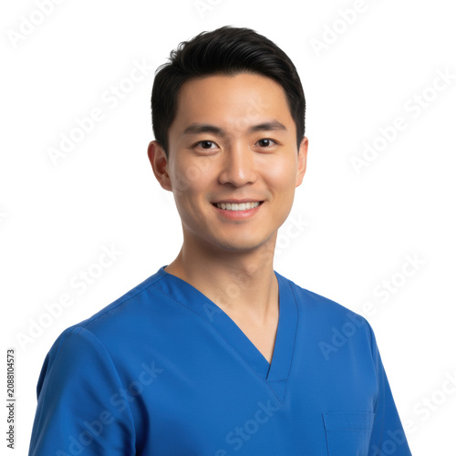 Young east asian man in royal blue medical scrubs with short dark hair smiling warmly, posing against a transparent background, professional healthcare atmosphere
