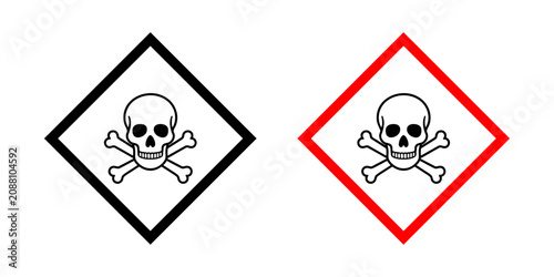 Photography Toxic hazard icon set with GHS skull and crossbones symbols in solid red diamond square