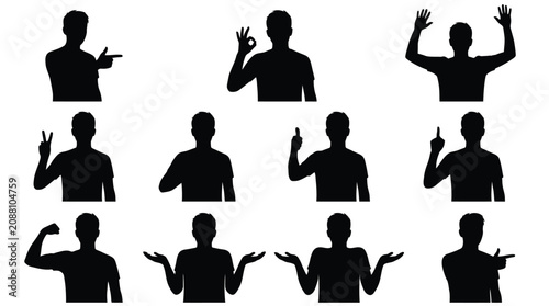 Black silhouette vector illustration set showing a man performing various hand gestures and body poses