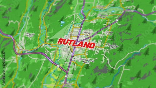 Принти на полотні Macro View of Rutland Vermont Map Showing Detailed Streets, Roads, and Geographi