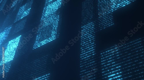 Blue digital pixel columns glow across a dark background, creating a futuristic technology visualization with depth, motion, and data flow.