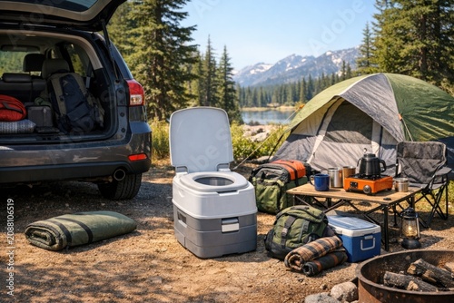 A car parked next to a camping site with a toilet, suitable for outdoor adventures and camping trips