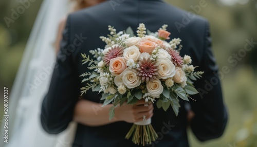 Romantic Bridal Bouquet Displayed by Groom Embracing Bride in Outdoor Wedding Setting